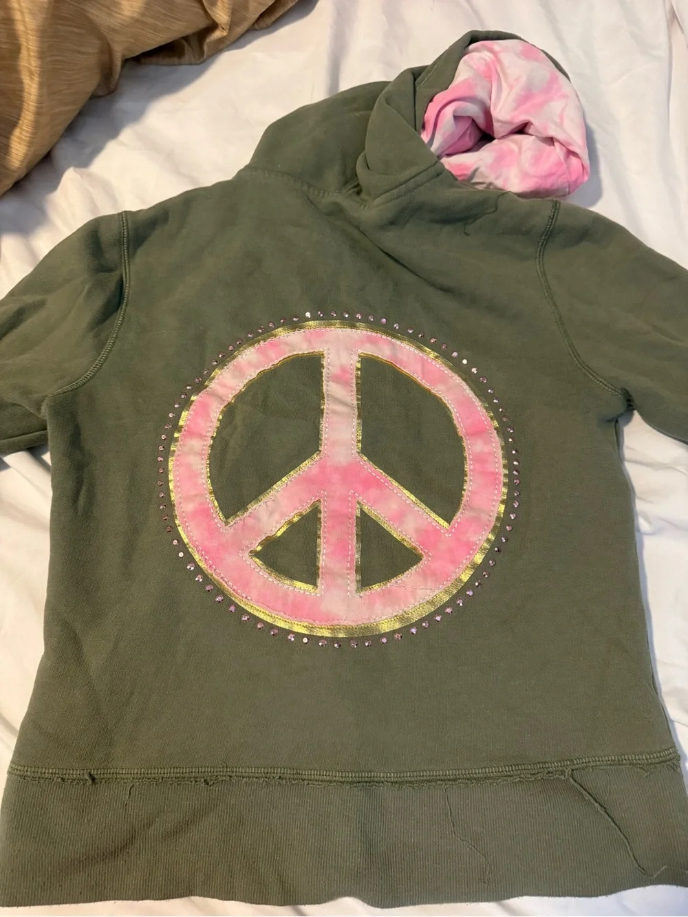 Justice Olive Green Zip Hoodie with Pink Lined Hood and Peace Graphic